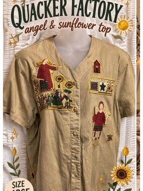 Quacker Factory Sunflower Angel Button Shirt Large Cottagecore Folk Art Top